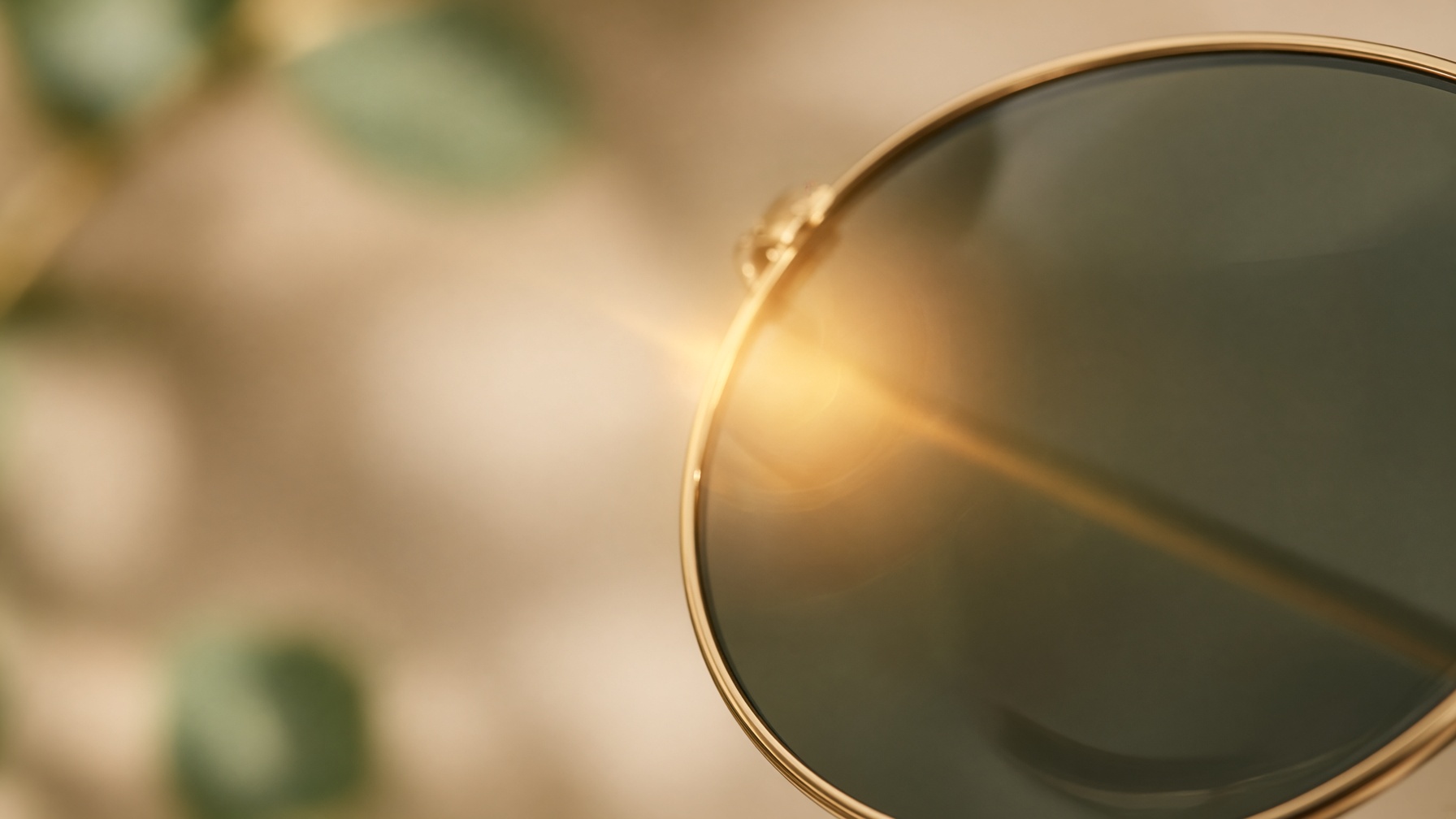 Detalhe de uma lente com reflexo dourado da tarde.
